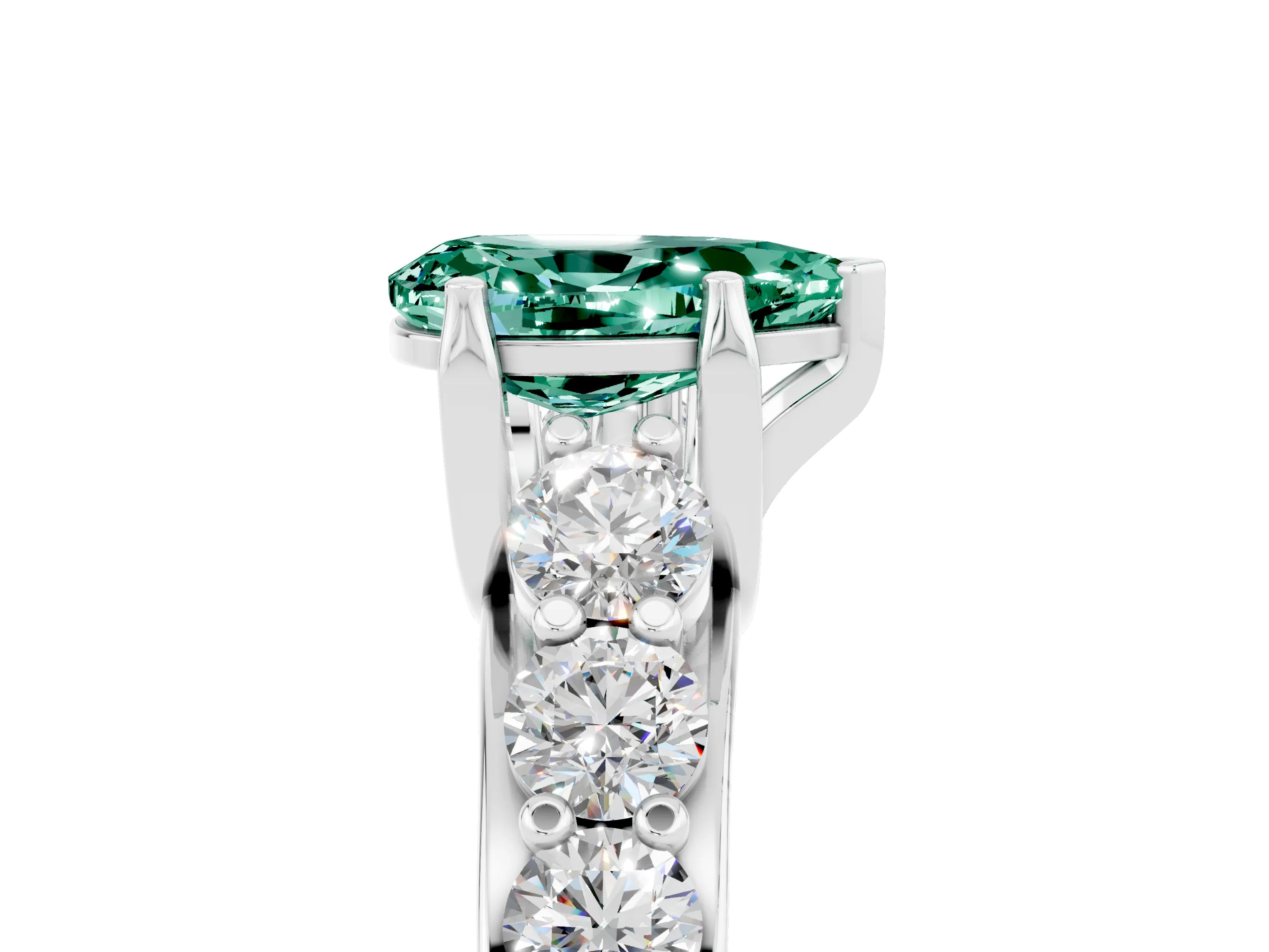 White gold Pear Cut Green Sapphire Engagement Ring with Pavé Band and Four-Prong Setting_5