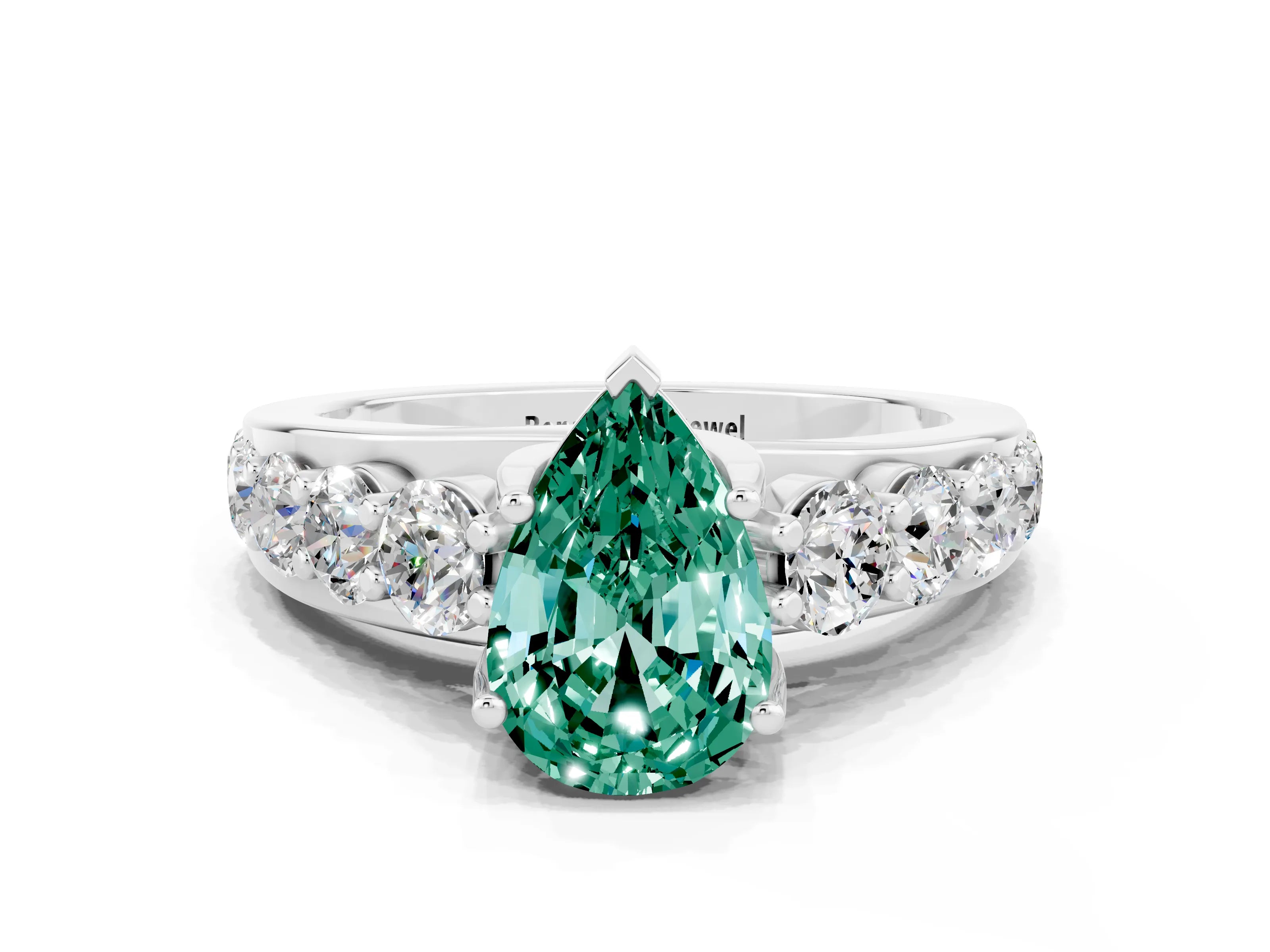 White gold Pear Cut Green Sapphire Engagement Ring with Pavé Band and Four-Prong Setting