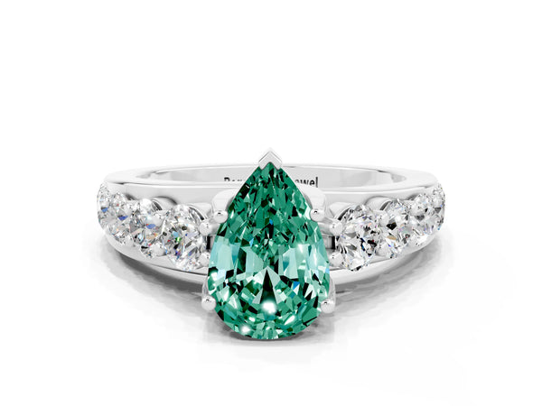 Silver Pear Cut Green Sapphire Engagement Ring with Pavé Band and Four-Prong Setting