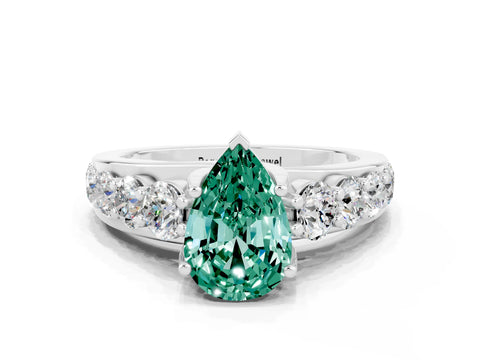 White gold Pear Cut Green Sapphire Engagement Ring with Pavé Band and Four-Prong Setting