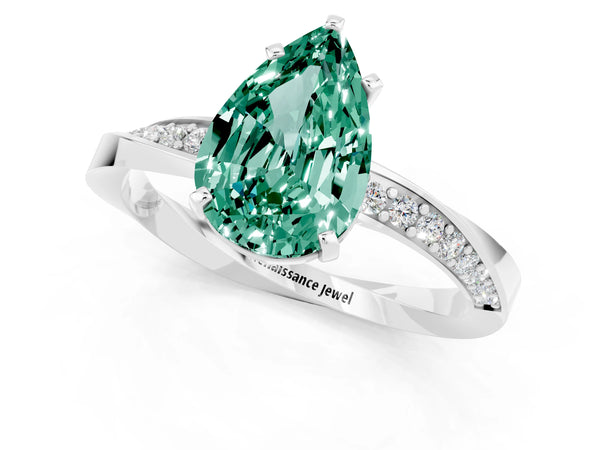 Platinum Pear Cut Green Sapphire Engagement Ring with Side Stone Accents and Four-Prong Setting