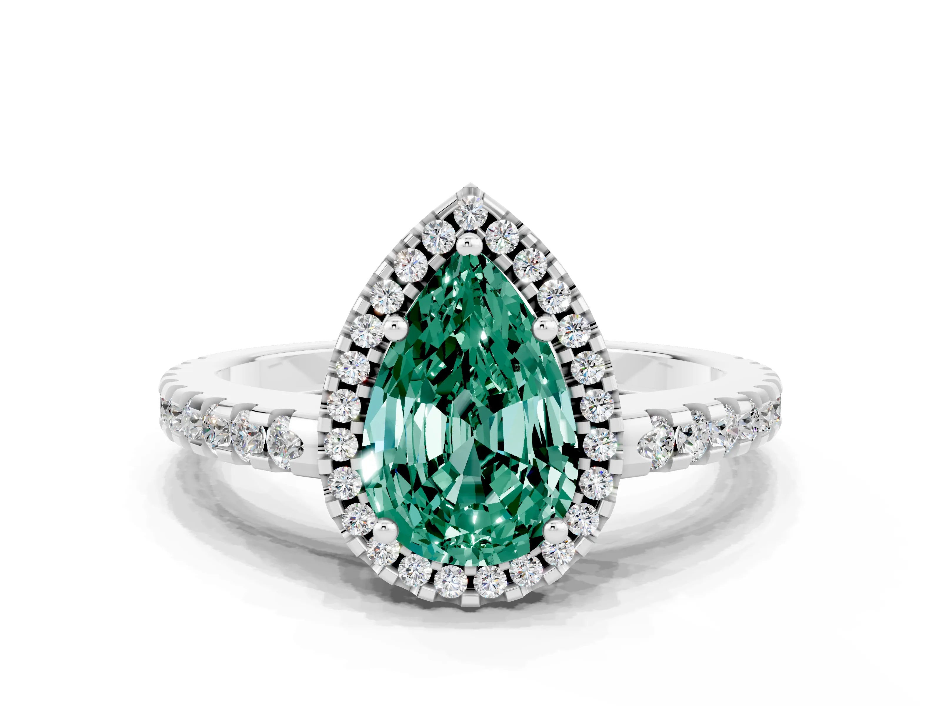 White gold Pear Cut Green Sapphire Halo Engagement Ring with Pavé Band and Prong Setting_12