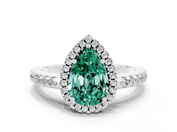 White gold Pear Cut Green Sapphire Halo Engagement Ring with Pavé Band and Prong Setting