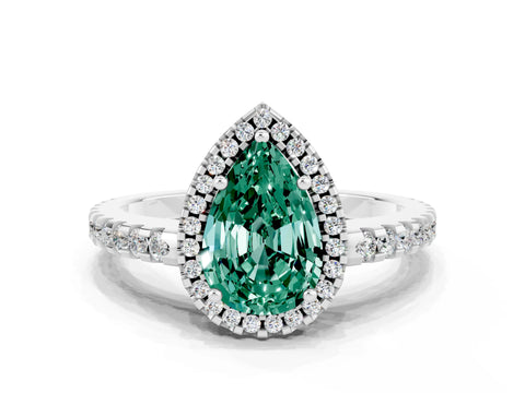 White gold Pear Cut Green Sapphire Halo Engagement Ring with Pavé Band and Prong Setting_12