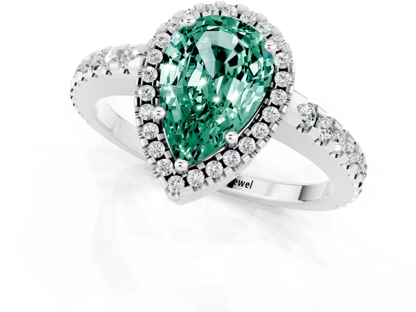 Platinum Pear Cut Green Sapphire Halo Engagement Ring with Pavé Band and Prong Setting