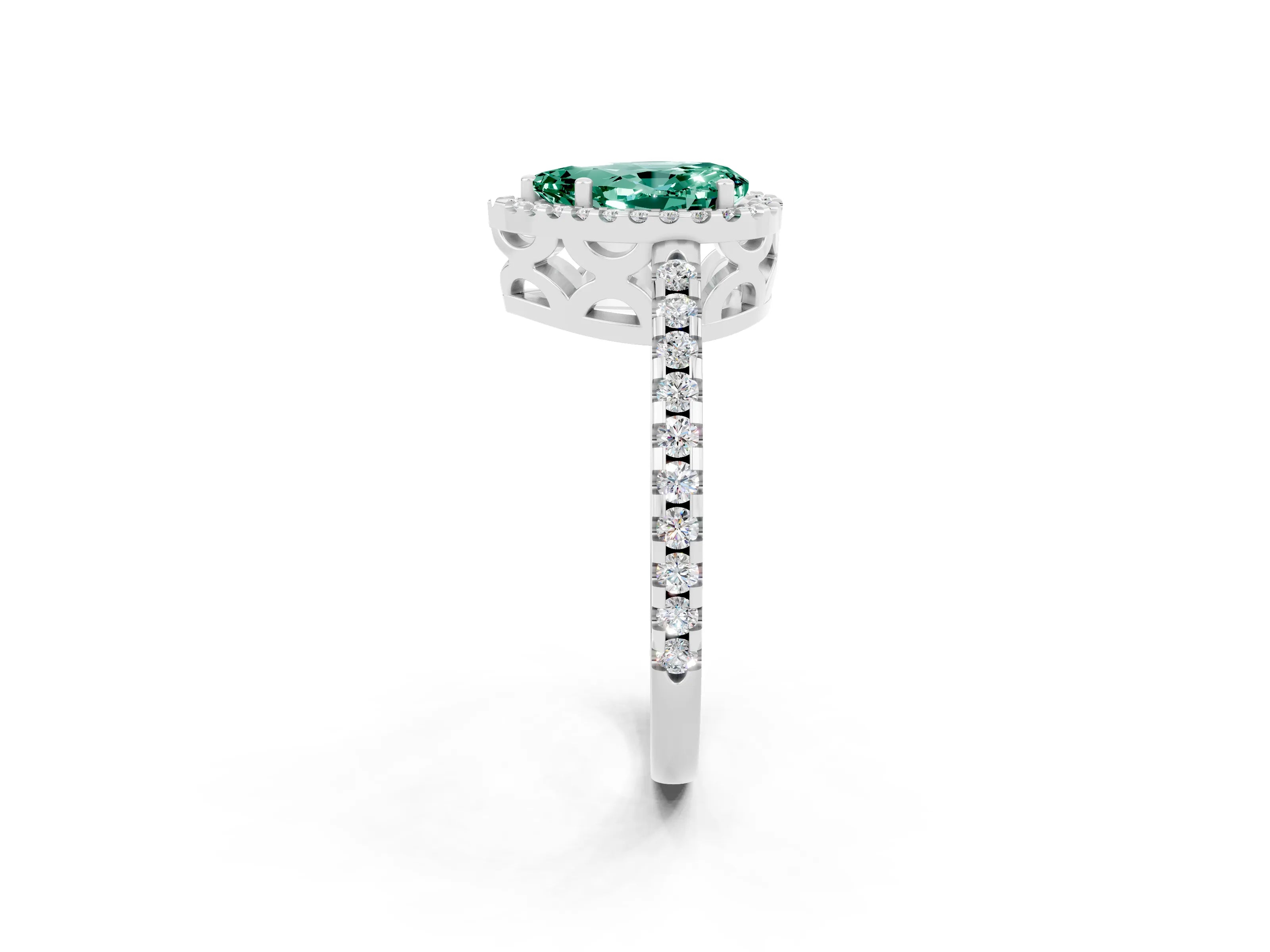 White gold Pear Cut Green Sapphire Halo Engagement Ring with Pavé Band and Prong Setting_14