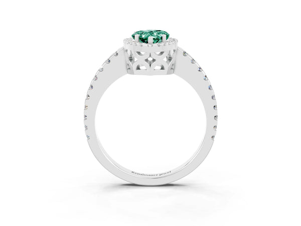 Platinum Pear Cut Green Sapphire Halo Engagement Ring with Pavé Band and Prong Setting