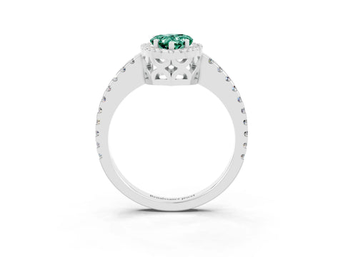 White gold Pear Cut Green Sapphire Halo Engagement Ring with Pavé Band and Prong Setting_15