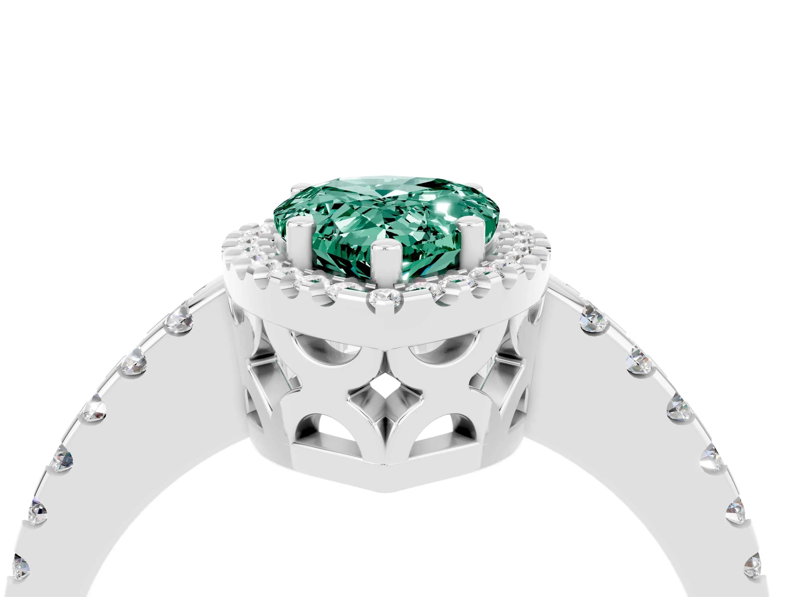White gold Pear Cut Green Sapphire Halo Engagement Ring with Pavé Band and Prong Setting_16