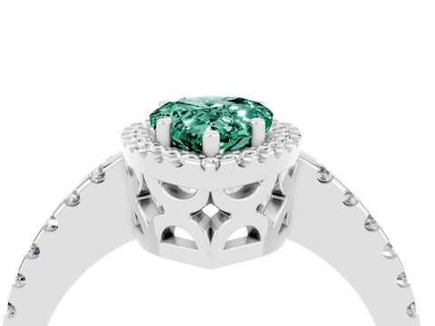 White gold Pear Cut Green Sapphire Halo Engagement Ring with Pavé Band and Prong Setting_16