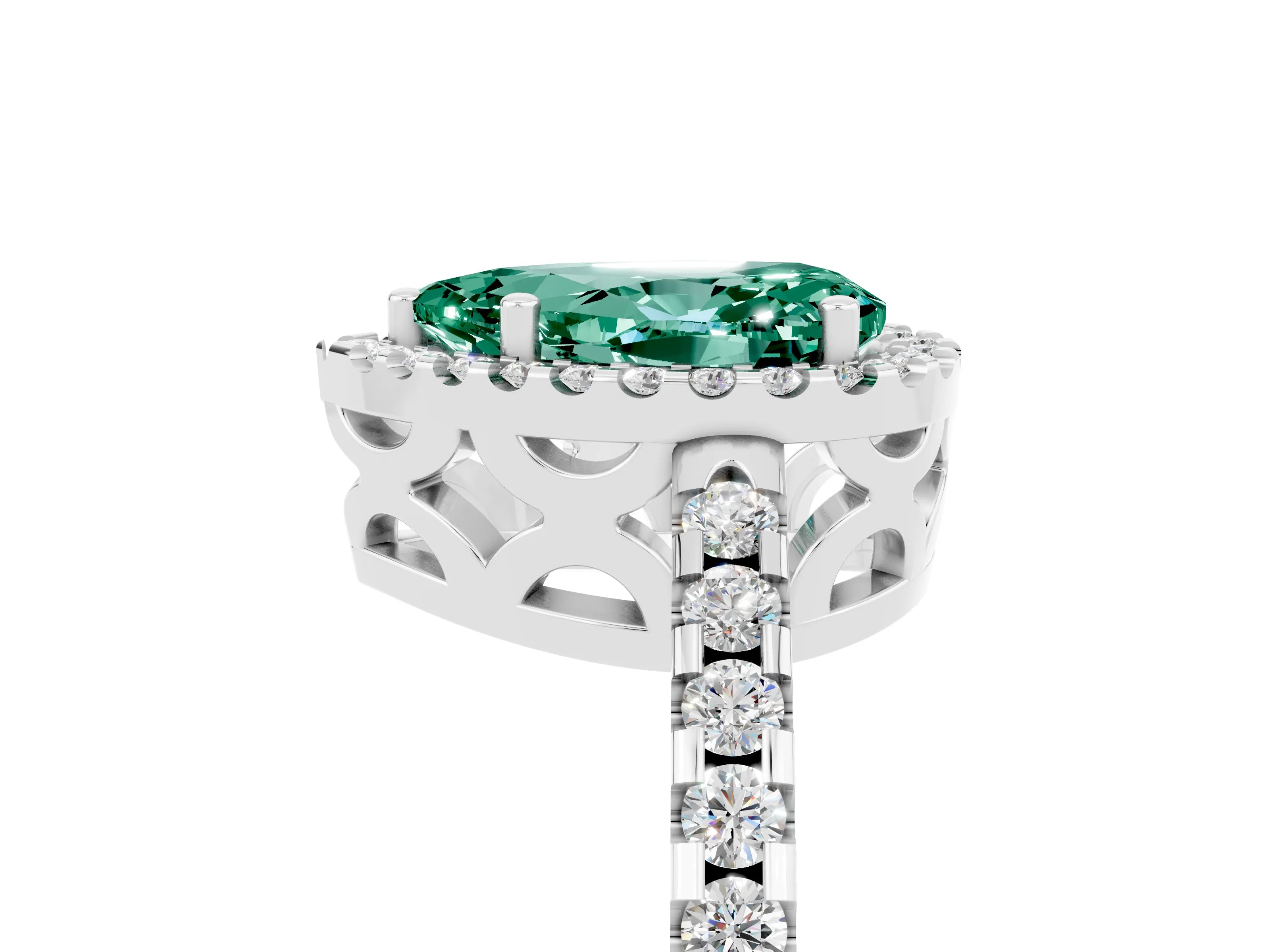 White gold Pear Cut Green Sapphire Halo Engagement Ring with Pavé Band and Prong Setting_17