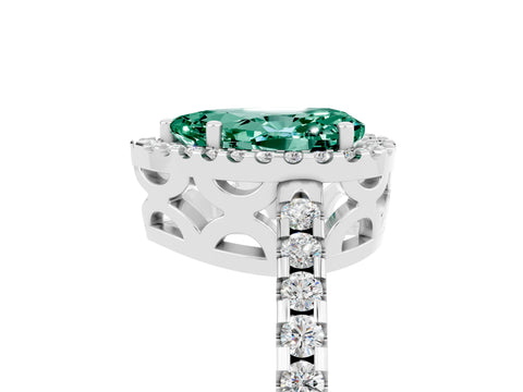 White gold Pear Cut Green Sapphire Halo Engagement Ring with Pavé Band and Prong Setting_17