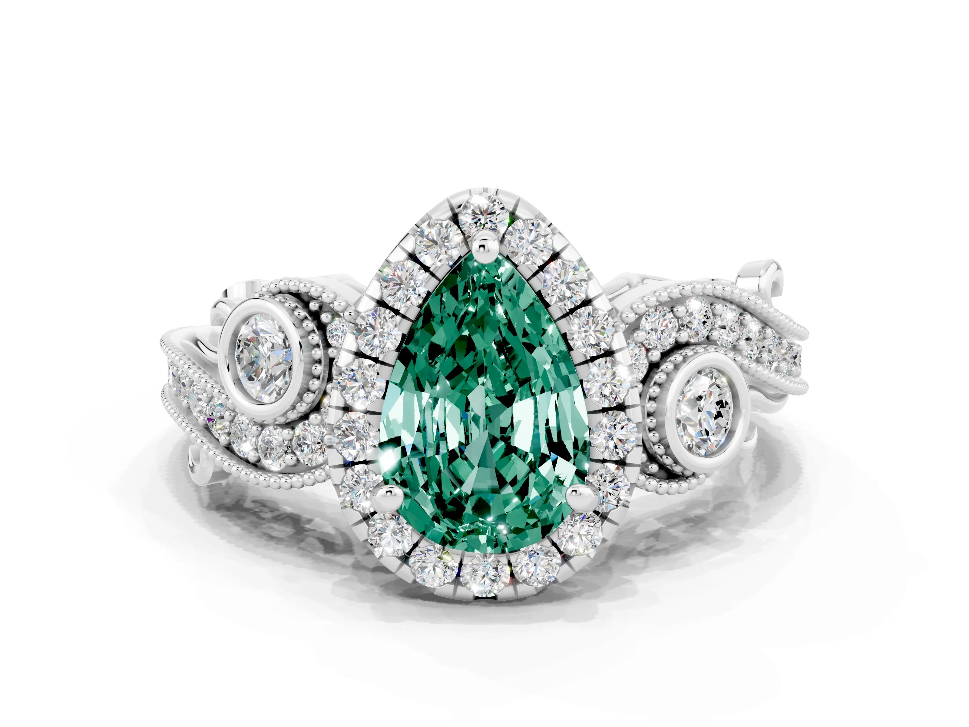 White gold Pear Cut Green Sapphire Halo Ring with Milgrain Pavé Band and Four-Prong Setting_12