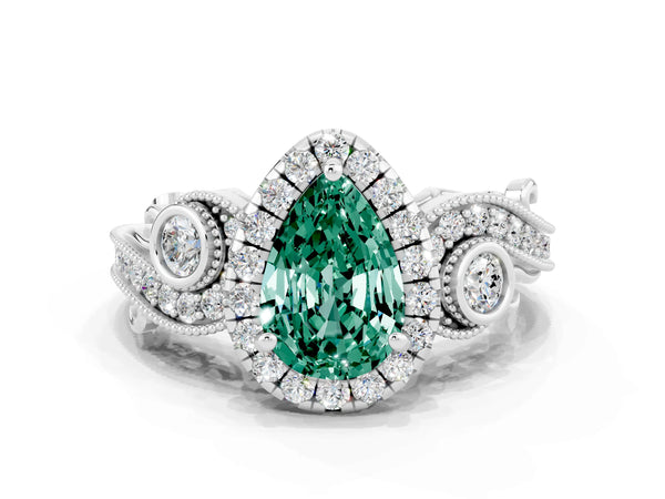 White gold Pear Cut Green Sapphire Halo Ring with Milgrain Pavé Band and Four-Prong Setting