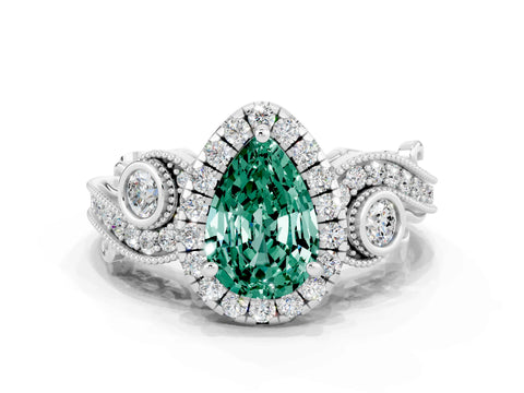 White gold Pear Cut Green Sapphire Halo Ring with Milgrain Pavé Band and Four-Prong Setting_12