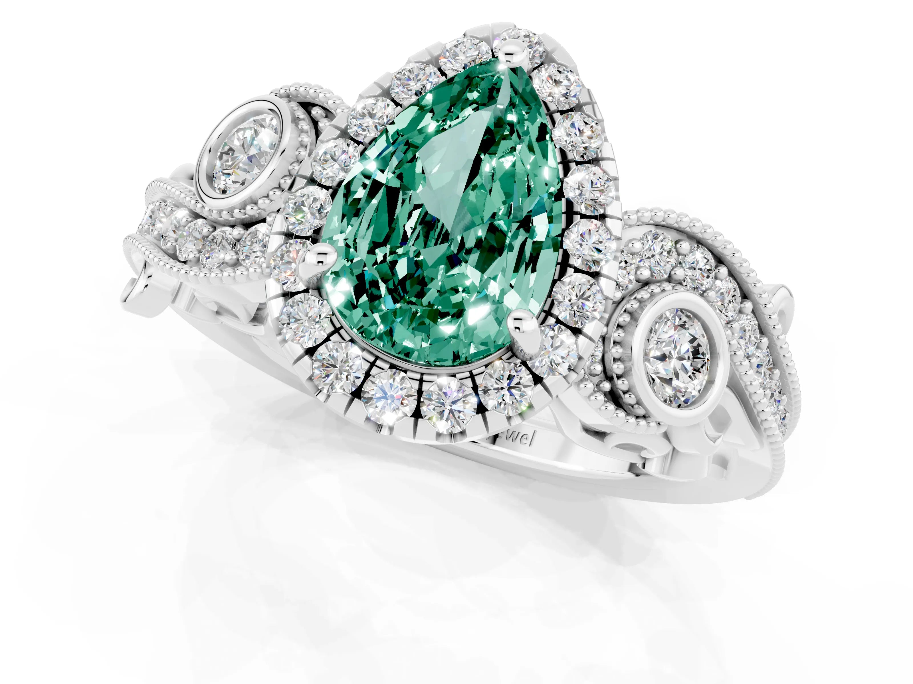 White gold Pear Cut Green Sapphire Halo Ring with Milgrain Pavé Band and Four-Prong Setting_13