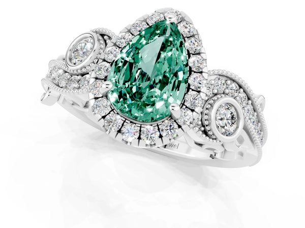 Platinum Pear Cut Green Sapphire Halo Ring with Milgrain Pavé Band and Four-Prong Setting