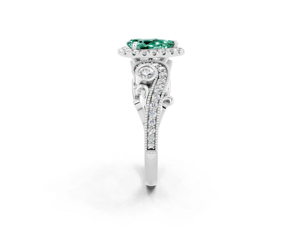 Platinum Pear Cut Green Sapphire Halo Ring with Milgrain Pavé Band and Four-Prong Setting