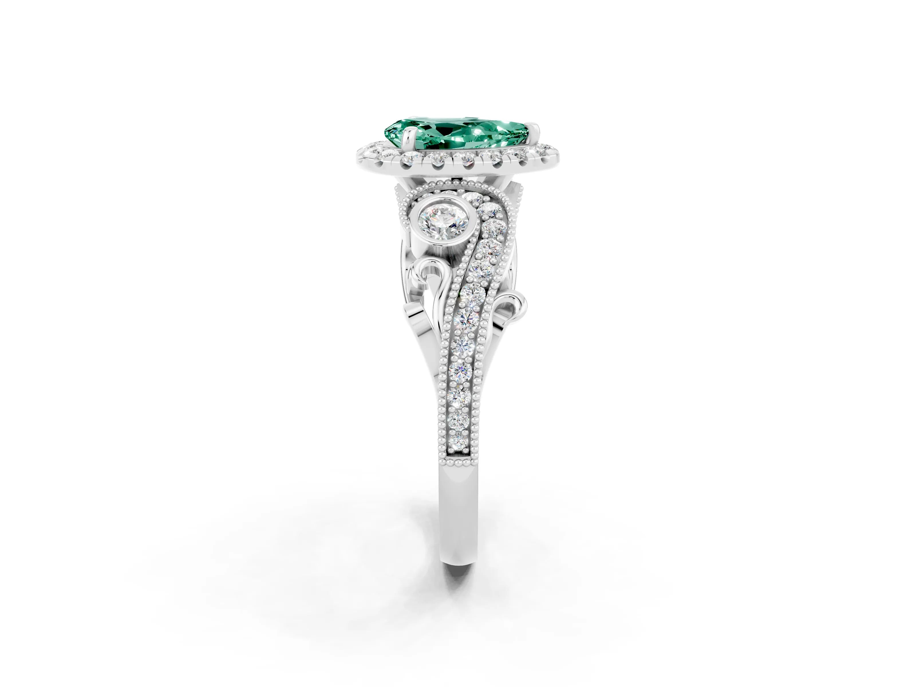 White gold Pear Cut Green Sapphire Halo Ring with Milgrain Pavé Band and Four-Prong Setting_14