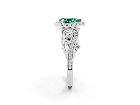 White gold Pear Cut Green Sapphire Halo Ring with Milgrain Pavé Band and Four-Prong Setting_14