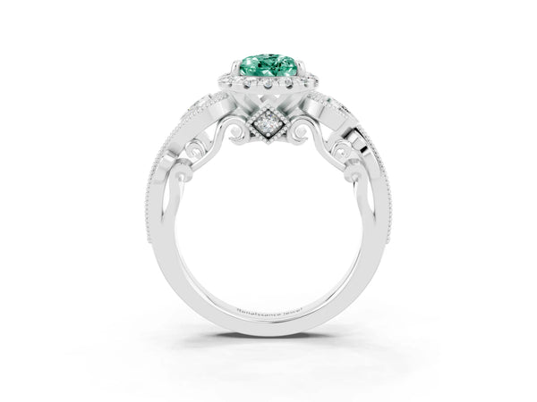 White gold Pear Cut Green Sapphire Halo Ring with Milgrain Pavé Band and Four-Prong Setting