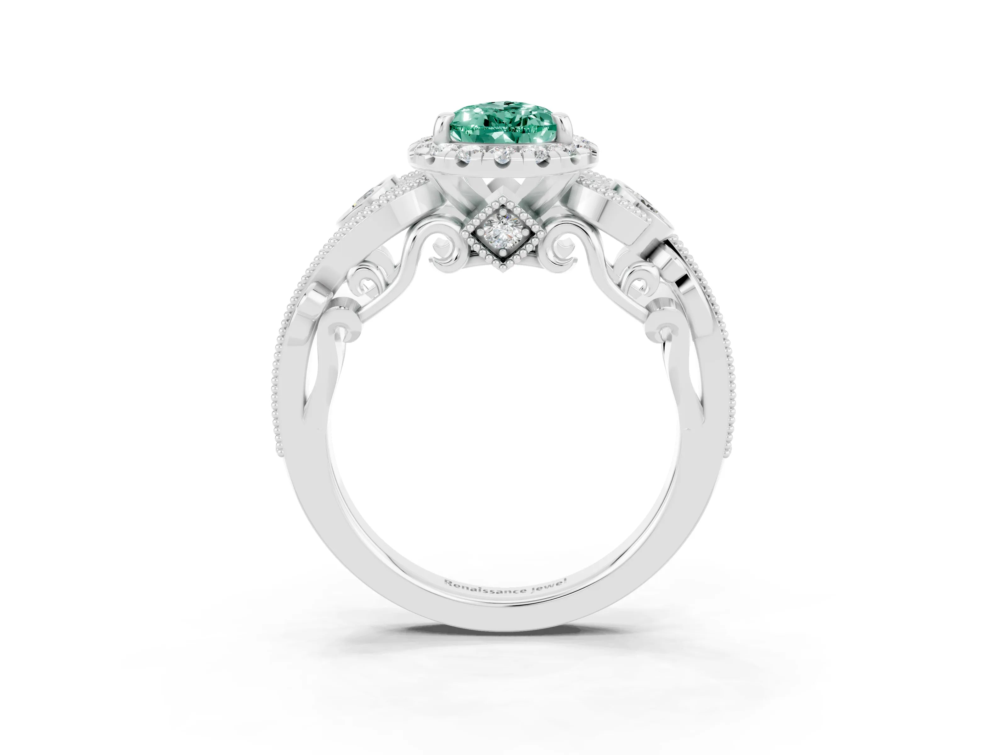 White gold Pear Cut Green Sapphire Halo Ring with Milgrain Pavé Band and Four-Prong Setting_15