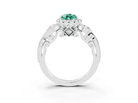 White gold Pear Cut Green Sapphire Halo Ring with Milgrain Pavé Band and Four-Prong Setting_15