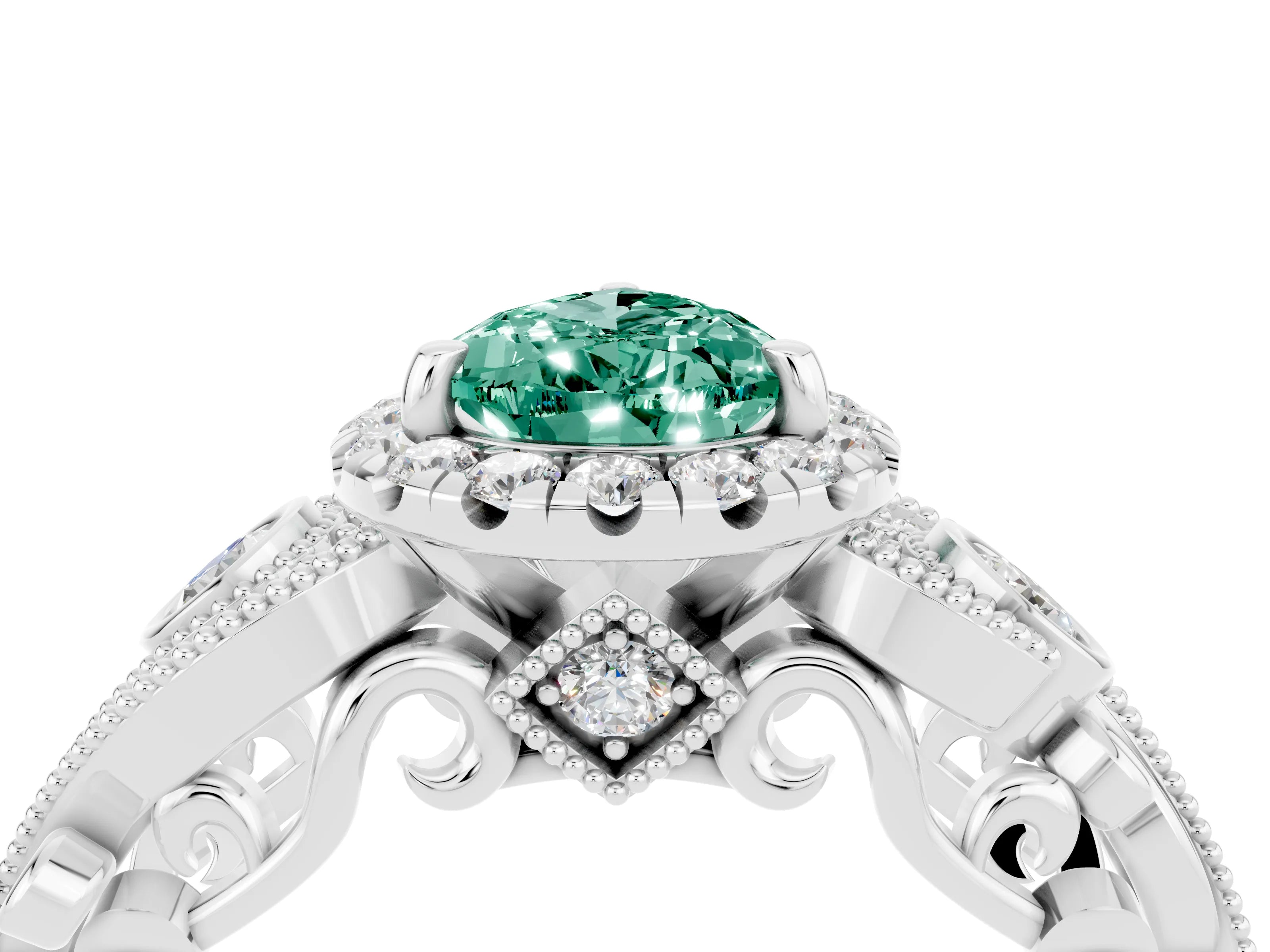 White gold Pear Cut Green Sapphire Halo Ring with Milgrain Pavé Band and Four-Prong Setting_16