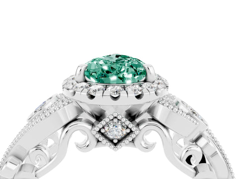 White gold Pear Cut Green Sapphire Halo Ring with Milgrain Pavé Band and Four-Prong Setting_16