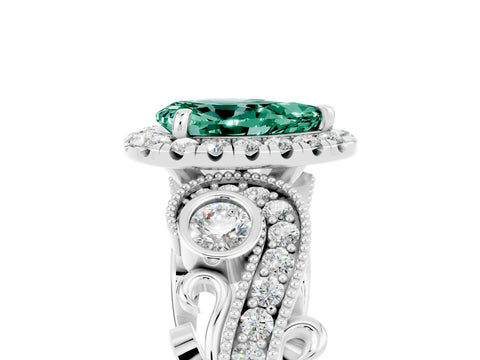 White gold Pear Cut Green Sapphire Halo Ring with Milgrain Pavé Band and Four-Prong Setting_17