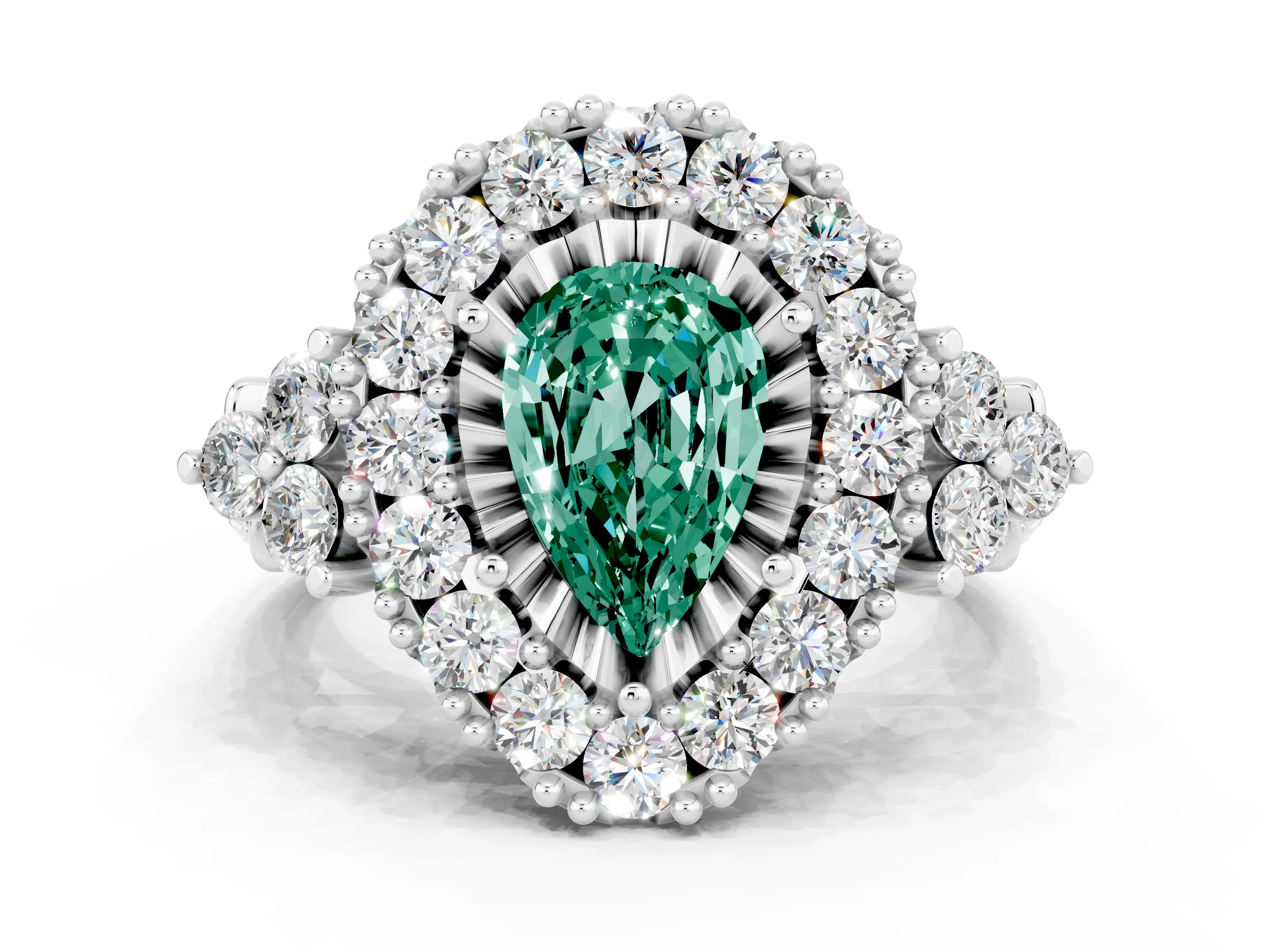 White gold Pear Cut Green Sapphire Halo Ring with Pavé Band and Four-Prong Setting_12
