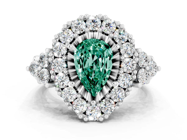 White gold Pear Cut Green Sapphire Halo Ring with Pavé Band and Four-Prong Setting