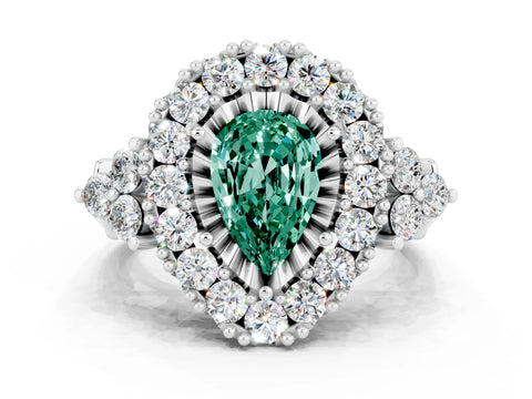 White gold Pear Cut Green Sapphire Halo Ring with Pavé Band and Four-Prong Setting_12