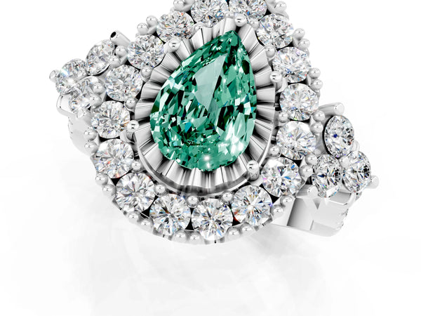 White gold Pear Cut Green Sapphire Halo Ring with Pavé Band and Four-Prong Setting