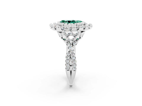 White gold Pear Cut Green Sapphire Halo Ring with Pavé Band and Four-Prong Setting_14