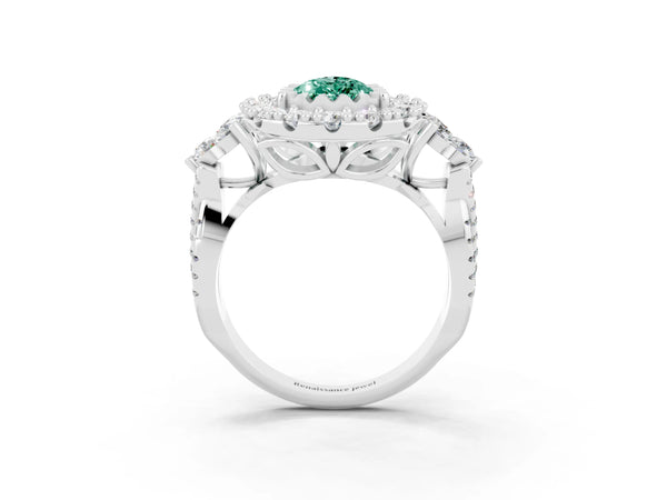 White gold Pear Cut Green Sapphire Halo Ring with Pavé Band and Four-Prong Setting