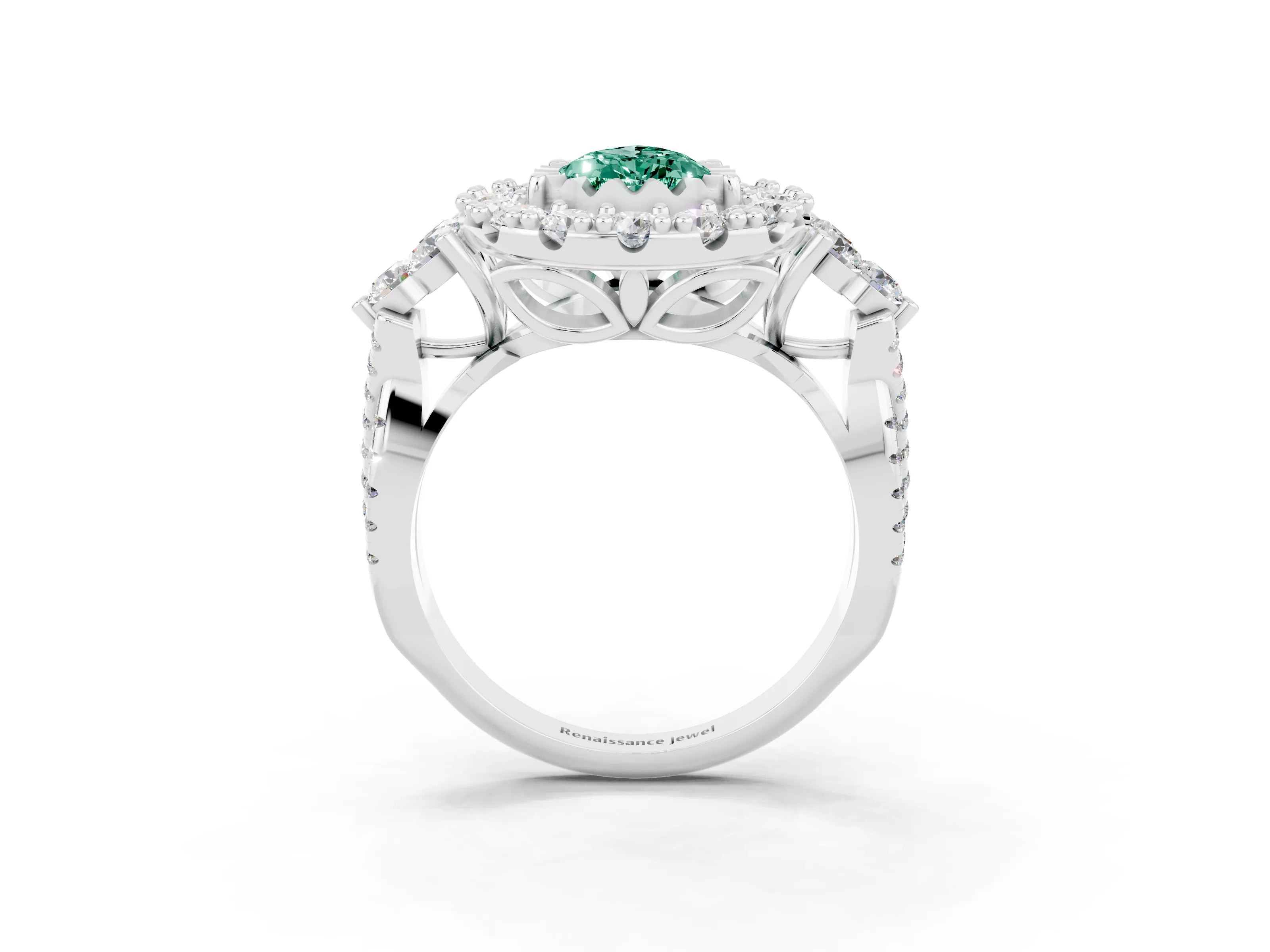 White gold Pear Cut Green Sapphire Halo Ring with Pavé Band and Four-Prong Setting_15
