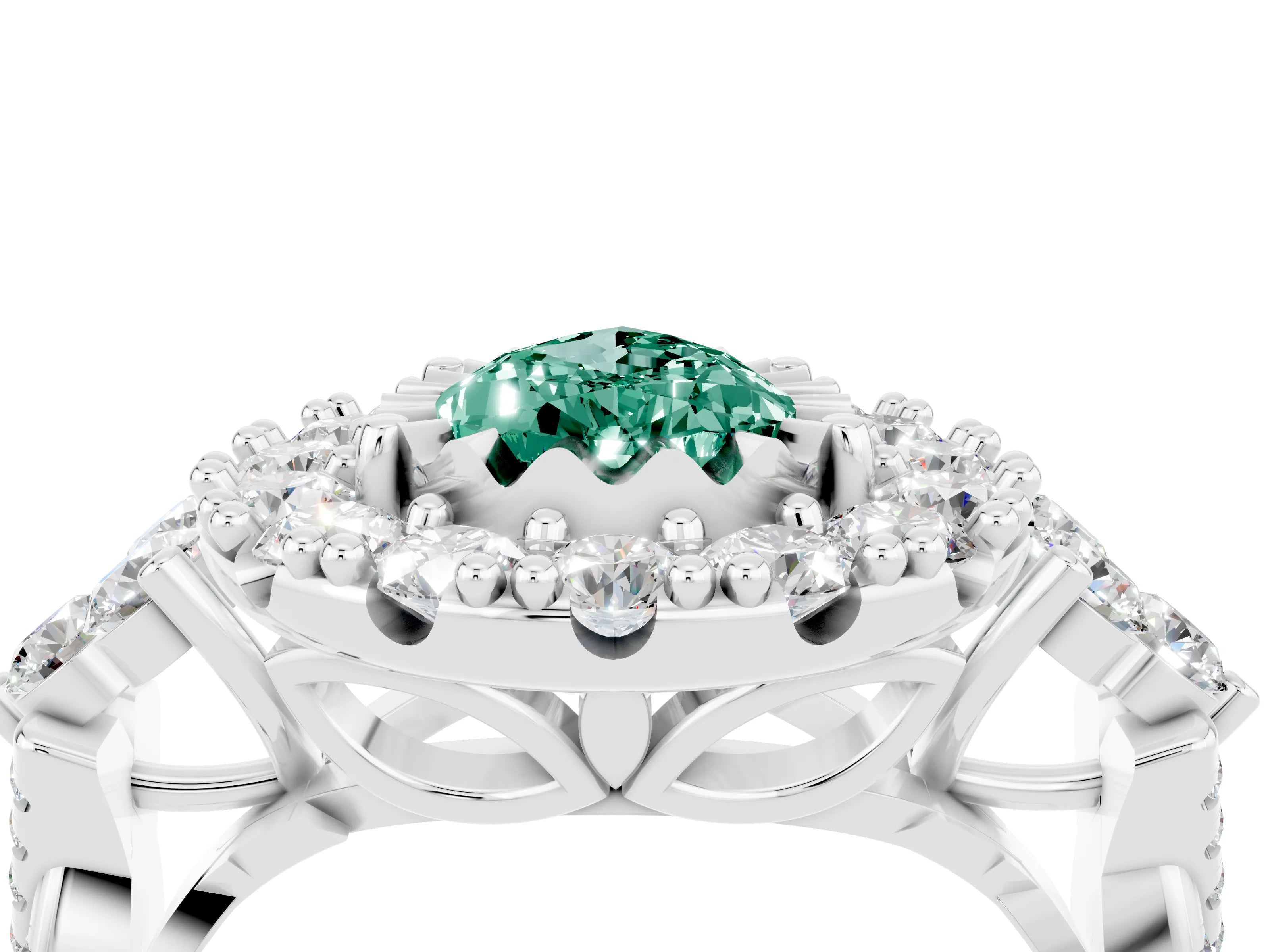 White gold Pear Cut Green Sapphire Halo Ring with Pavé Band and Four-Prong Setting_16