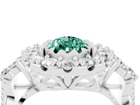 White gold Pear Cut Green Sapphire Halo Ring with Pavé Band and Four-Prong Setting_16