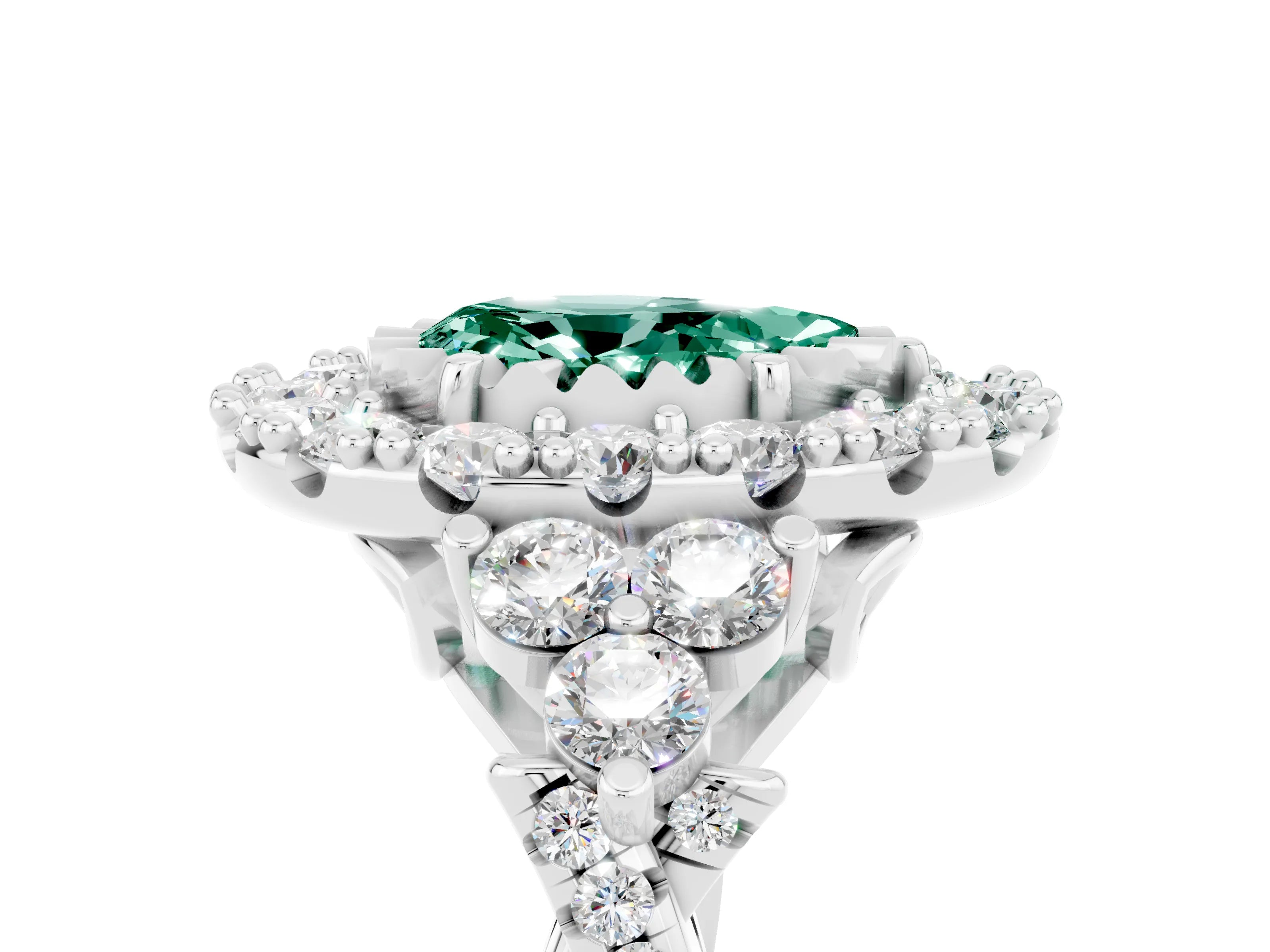White gold Pear Cut Green Sapphire Halo Ring with Pavé Band and Four-Prong Setting_17
