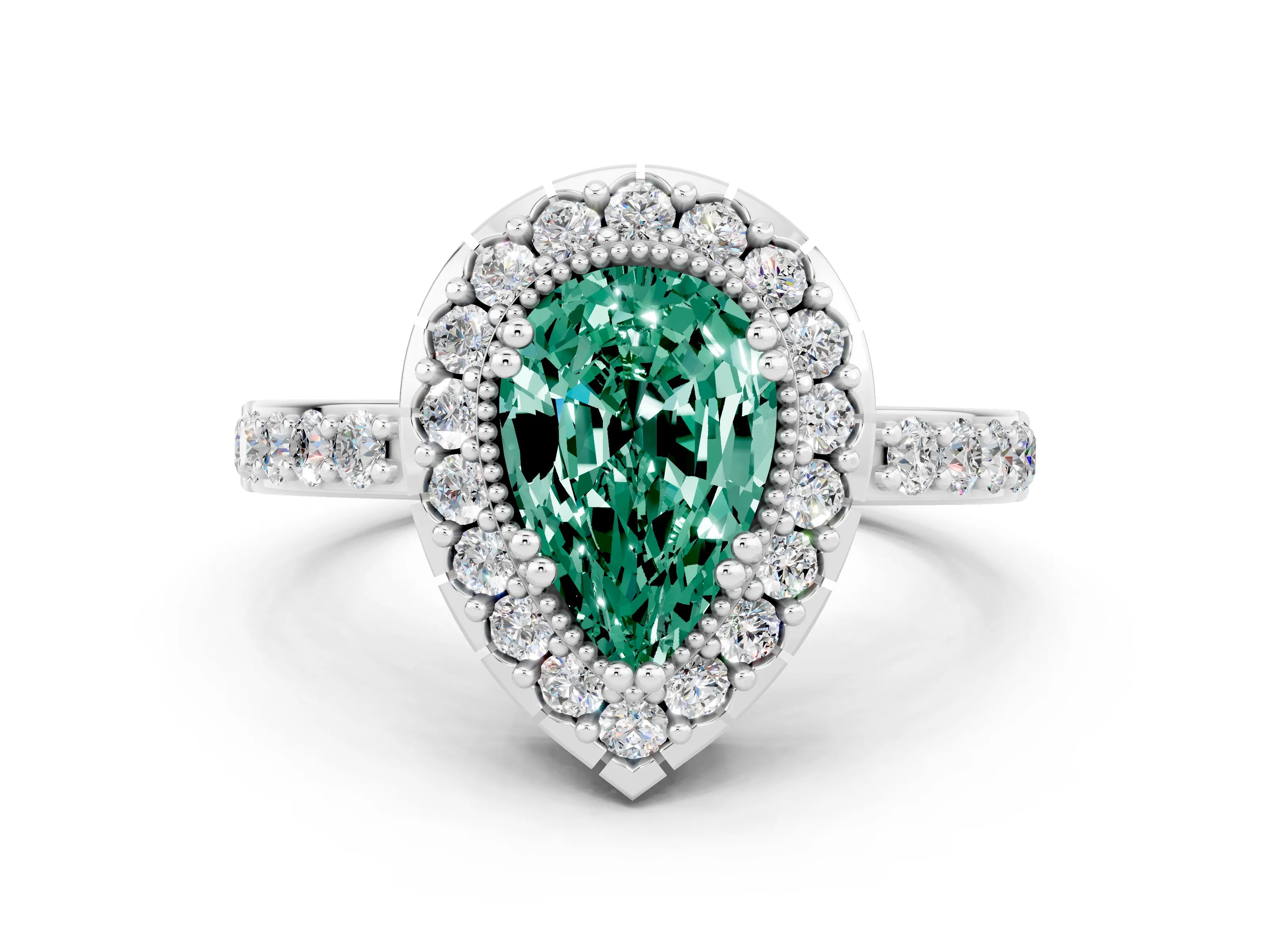 White gold Pear Cut Green Sapphire Halo Ring with Pavé Band and Prong Setting