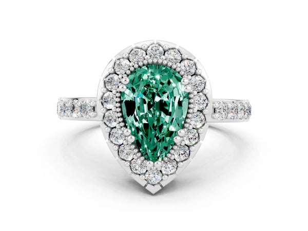 Platinum Pear Cut Green Sapphire Halo Ring with Pavé Band and Prong Setting