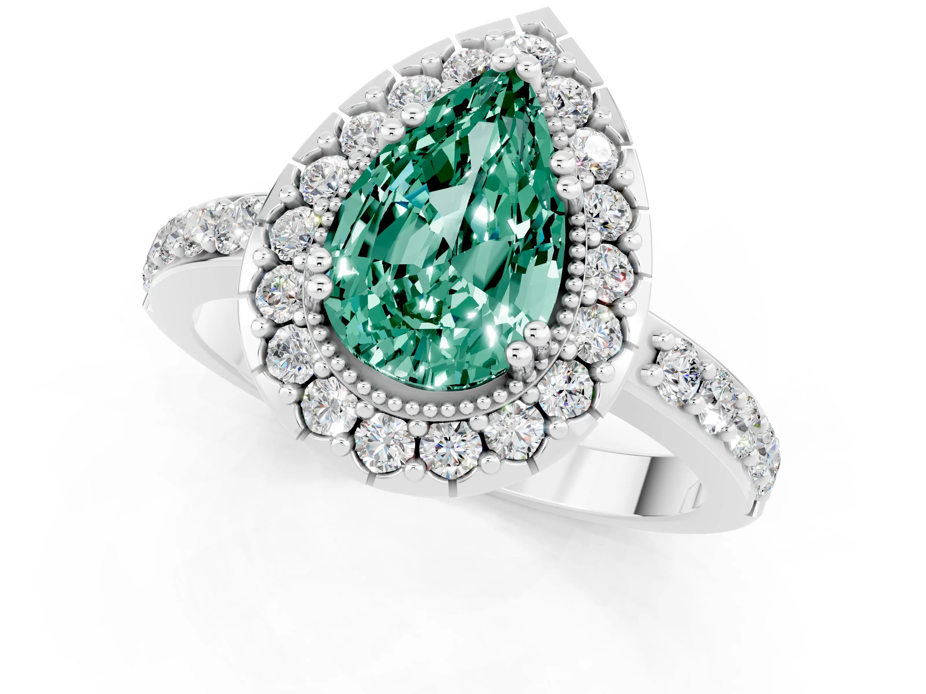 White gold Pear Cut Green Sapphire Halo Ring with Pavé Band and Prong Setting_1