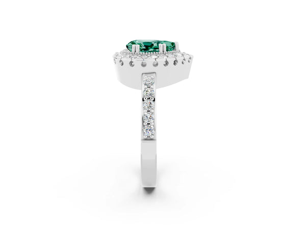 Platinum Pear Cut Green Sapphire Halo Ring with Pavé Band and Prong Setting