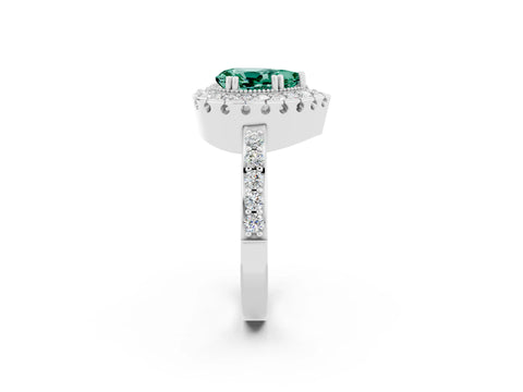 White gold Pear Cut Green Sapphire Halo Ring with Pavé Band and Prong Setting_2