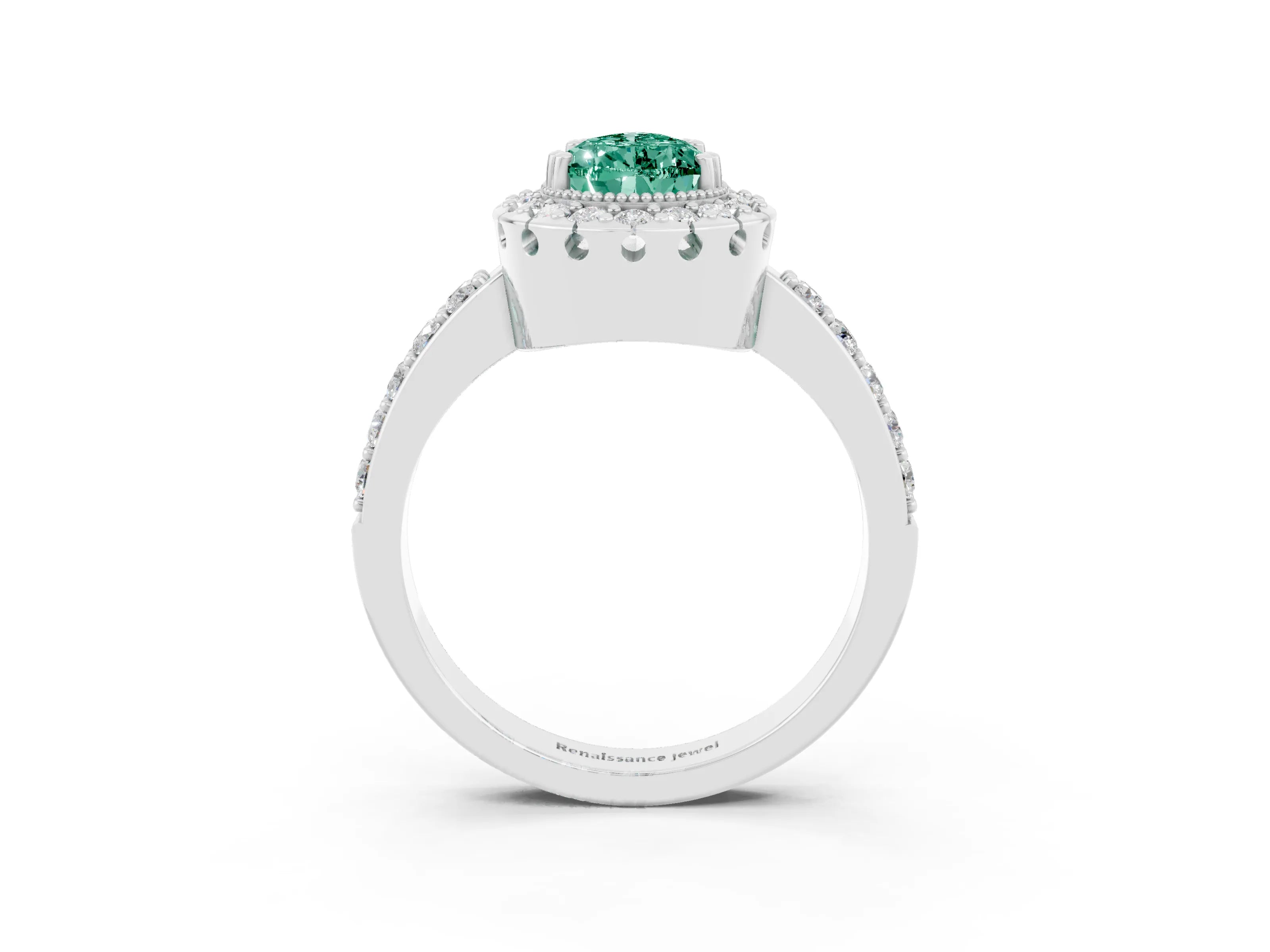 White gold Pear Cut Green Sapphire Halo Ring with Pavé Band and Prong Setting_3