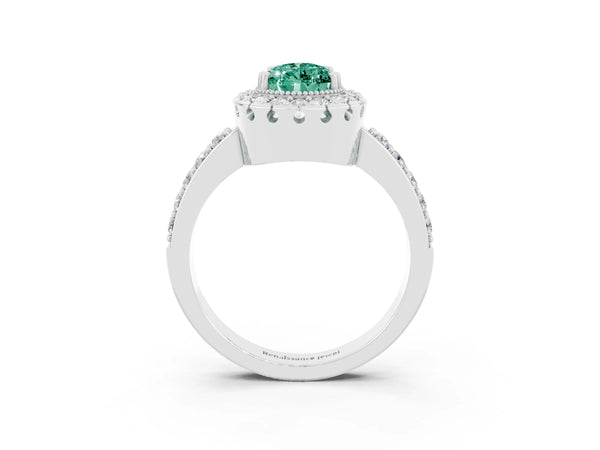 White gold Pear Cut Green Sapphire Halo Ring with Pavé Band and Prong Setting