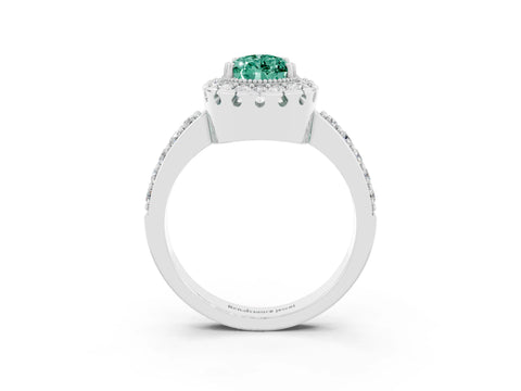 White gold Pear Cut Green Sapphire Halo Ring with Pavé Band and Prong Setting_3