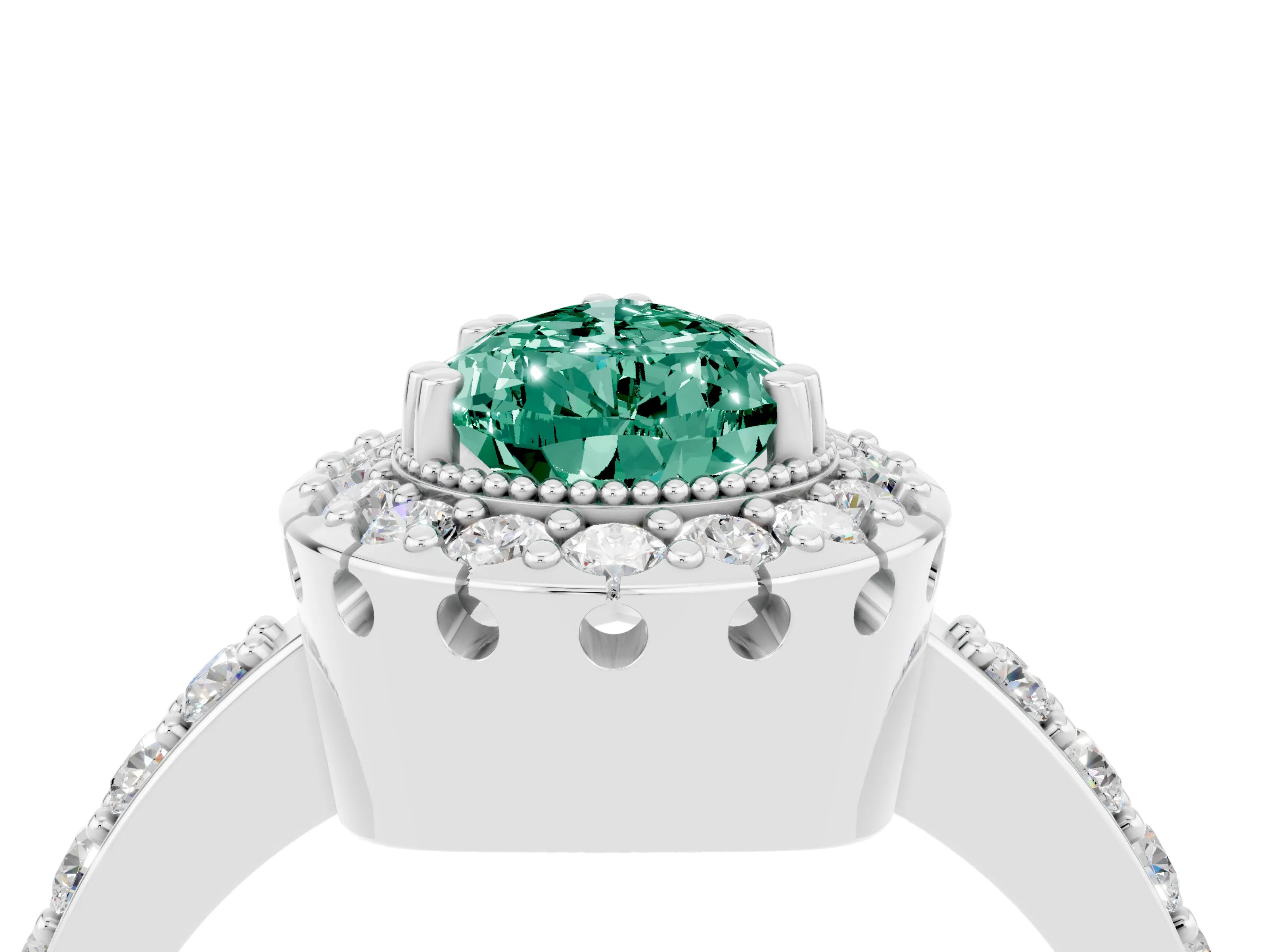 White gold Pear Cut Green Sapphire Halo Ring with Pavé Band and Prong Setting_4