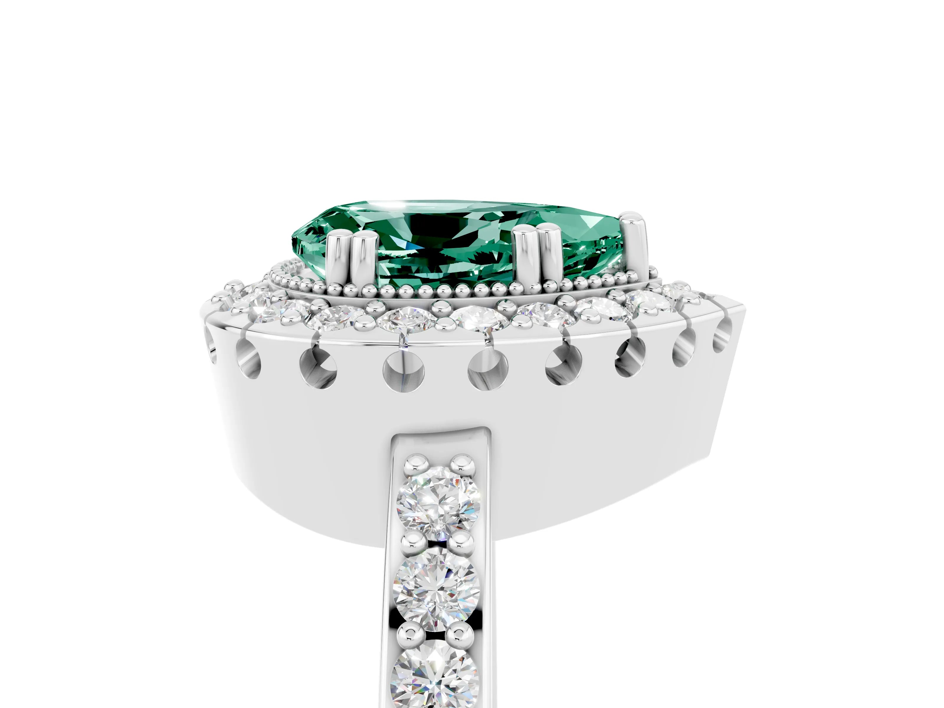 White gold Pear Cut Green Sapphire Halo Ring with Pavé Band and Prong Setting_5